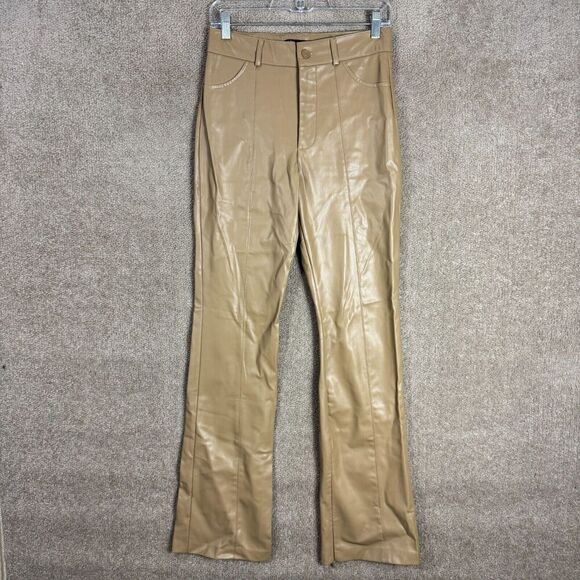Zara Pants Womens Size Small Khaki High‎ Rise Faux Leather flare Full Length - Picture 2 of 12